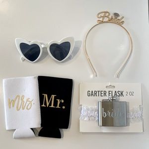Bridal Bundle: Heart Sunglasses, Mr.&Mrs. Koozies, “Bride” Tiara, + Flask Garter